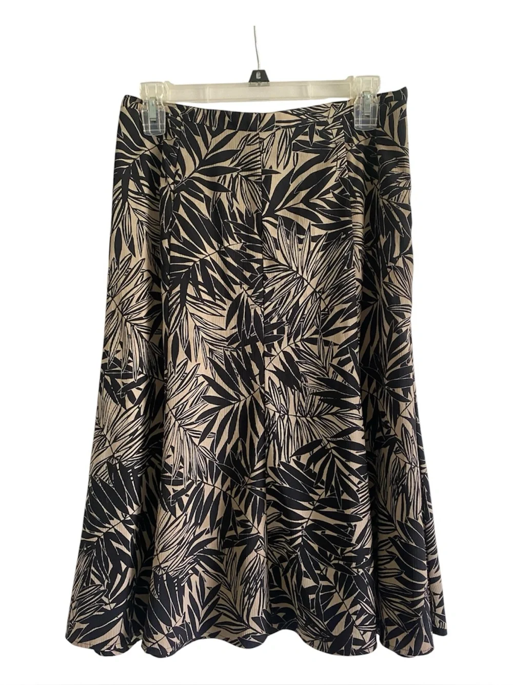 Jacklyn Smith Tropical Leaf Print Midi Skirt Small Black Tan Elastic Waist